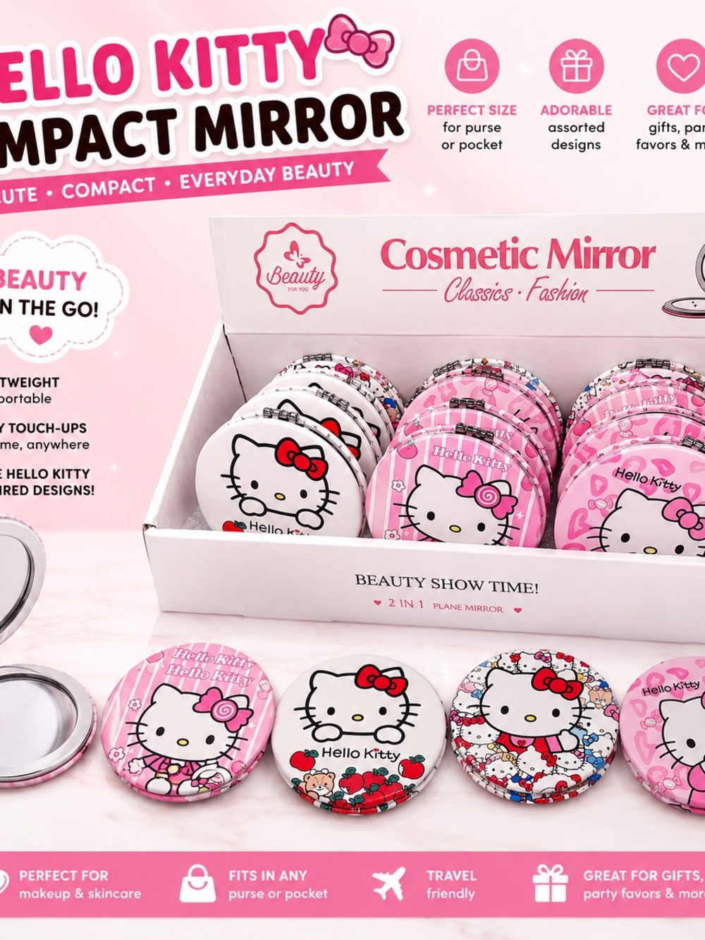 Hello Kitty Pink & White Compact Cosmetic Mirror Set 12 pieces full set